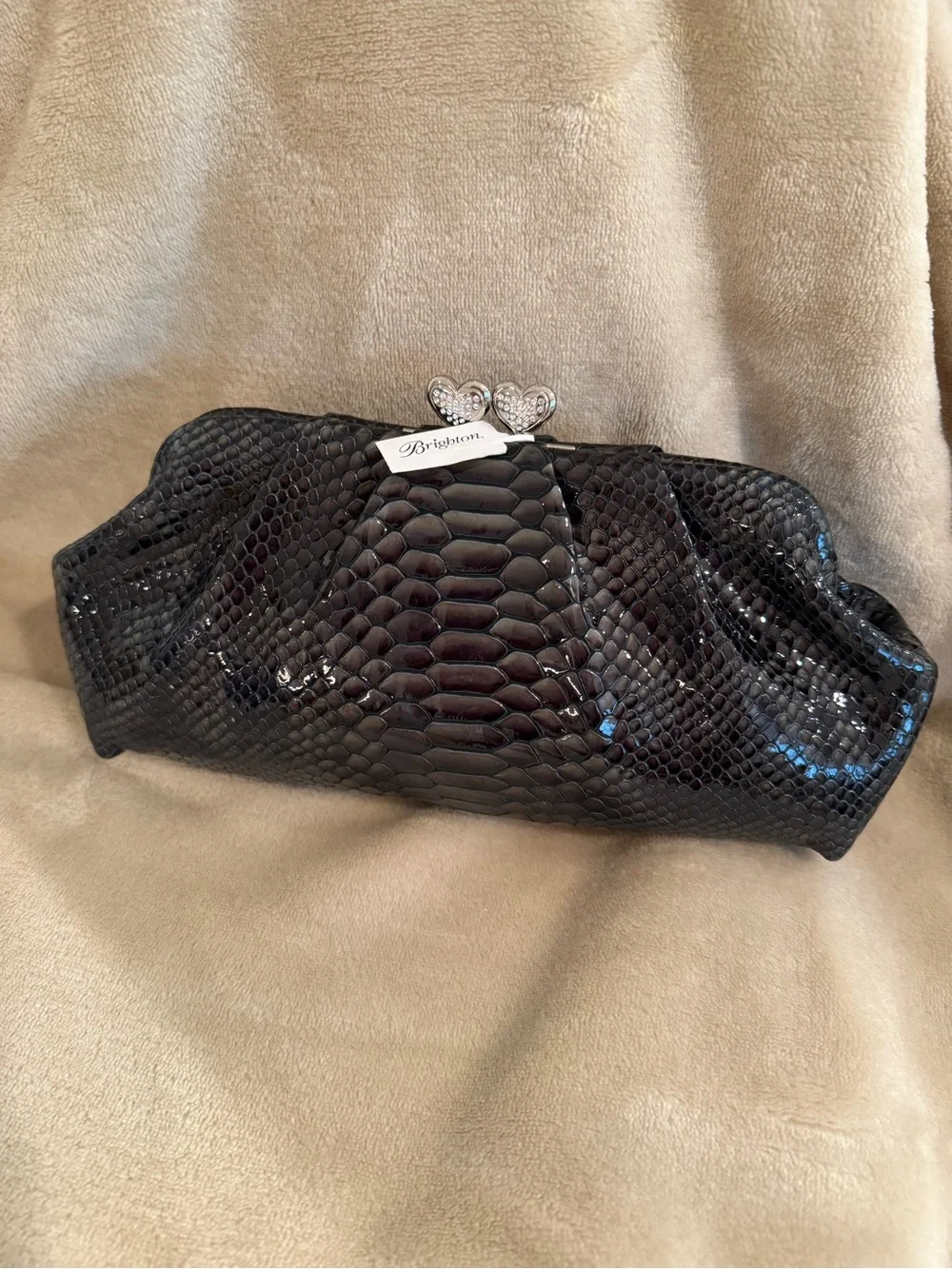 Brighton Black Faux Snakeskin Heart-Clasp Wristlet Clutch